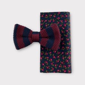 Men’s Burgundy Striped Knit Bow Tie & Floral Pocket Square Set